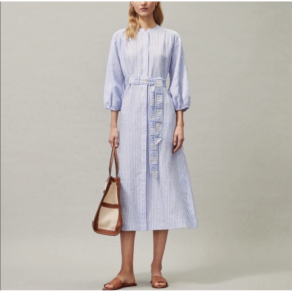 Tory Burch Linen Maxi Dress Blue White Stripe Belted Caftan Women's Size Large
